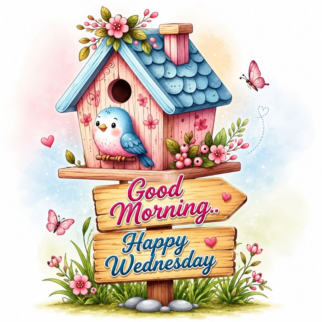 cute good morning happy wednesday birdhouse greeting image