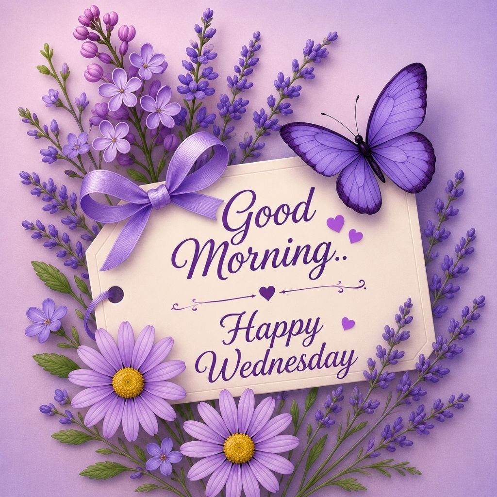 cute good morning happy wednesday purple floral butterfly greeting image