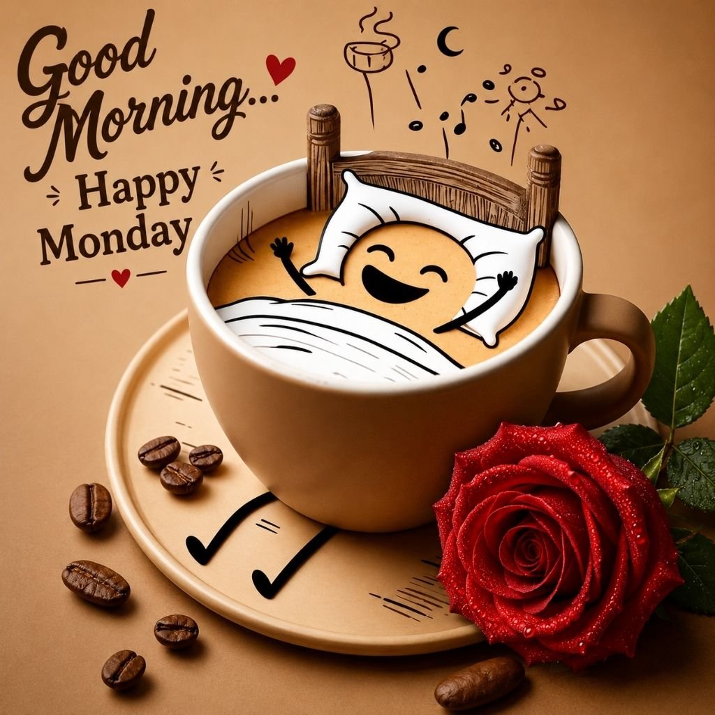 cute sleeping coffee cup happy Monday greeting