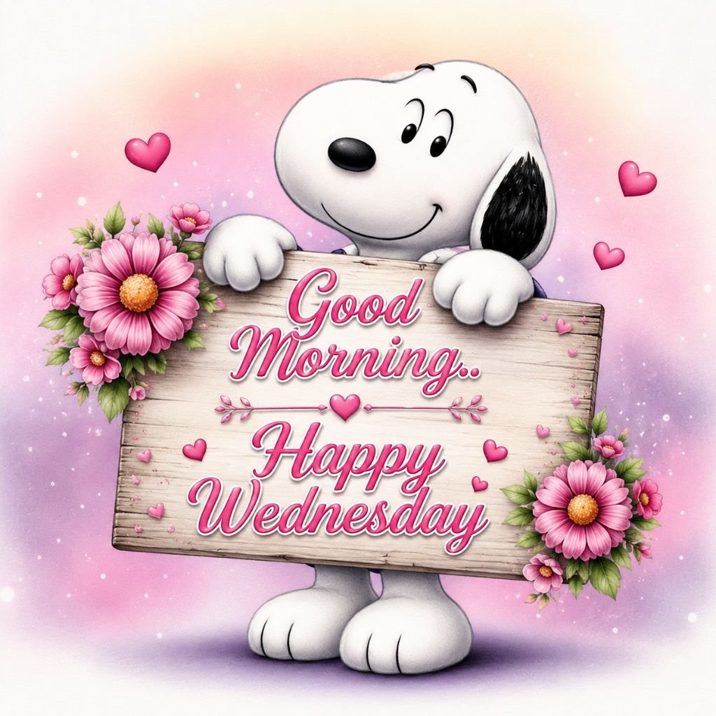 cute snoopy good morning happy wednesday image with pink flowers and hearts