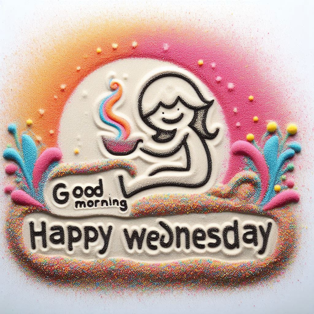 30+ Good Wednesday Morning Blessings Images for Free Download 11 Colorful sand art of a smiling girl with coffee, text says "Good Morning, Happy Wednesday", with cheerful decorative elements.