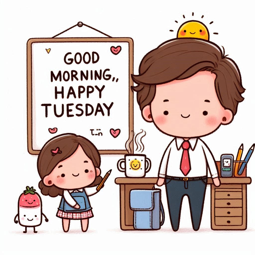 30+ Good Morning Happy Tuesday Images for Free Download 23 Cute cartoon characters—a girl, man, and strawberry figure—stand near a board reading “Good Morning, Happy Tuesday” cheerfully.
