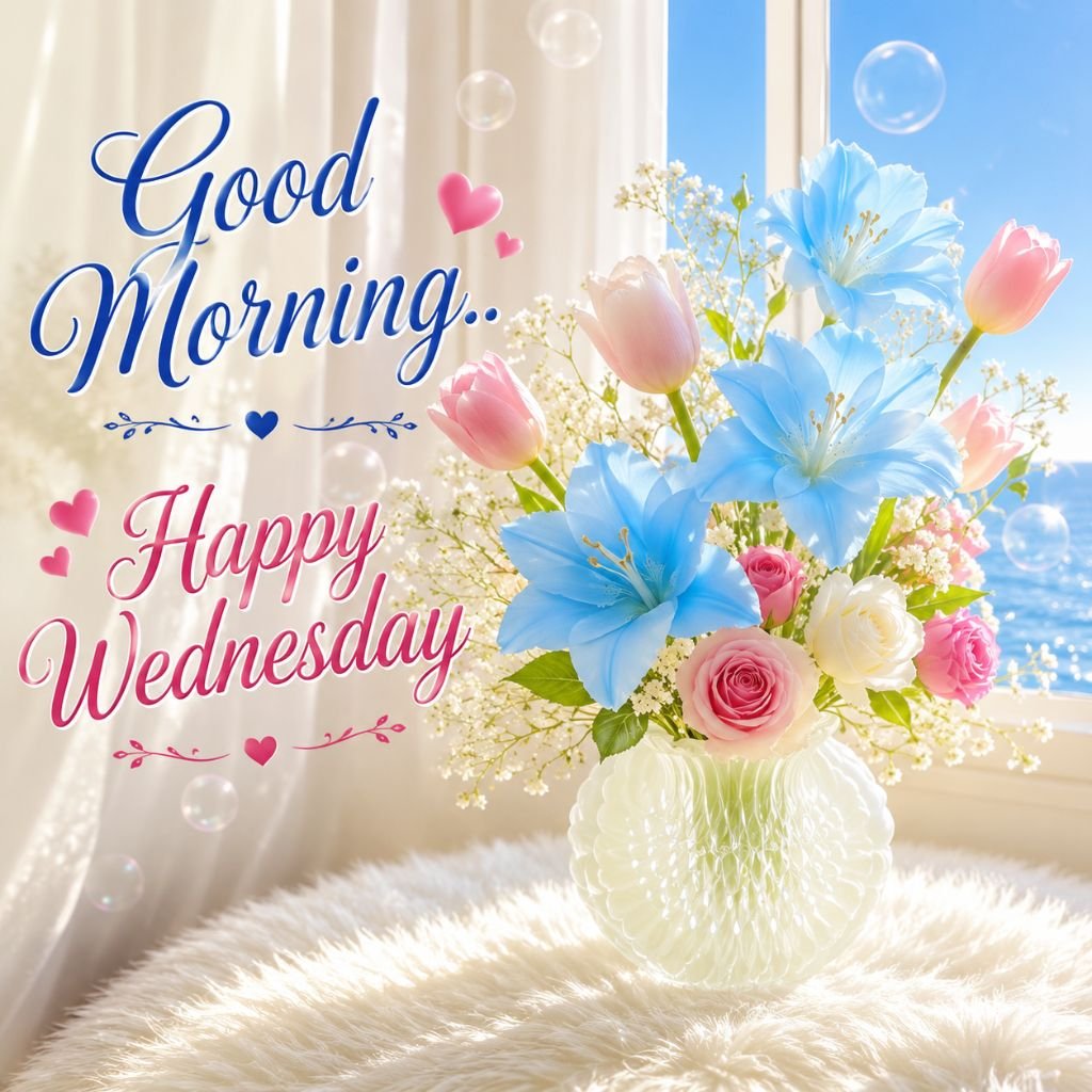 elegant good morning happy Wednesday flower vase greeting image