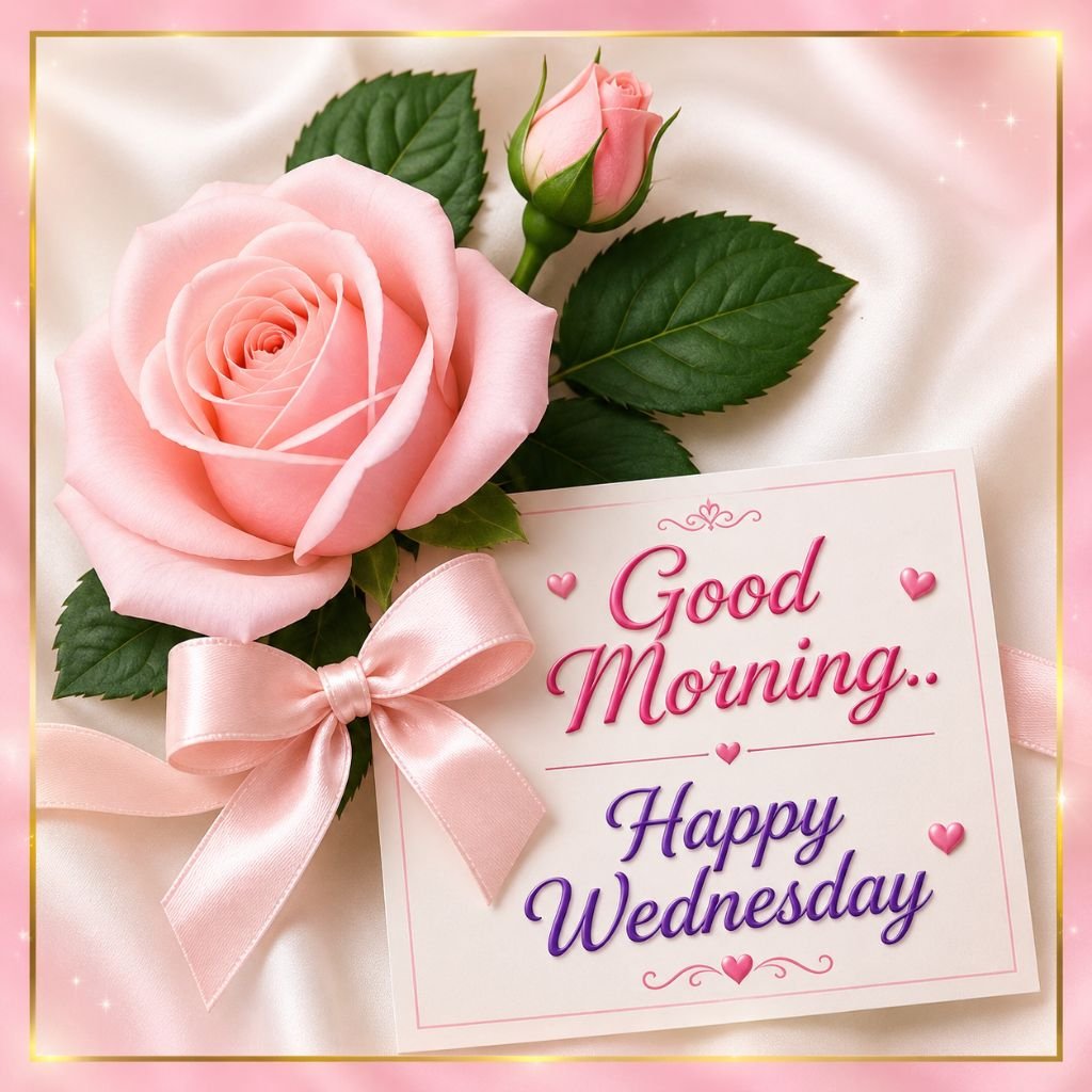 elegant good morning happy Wednesday pink rose greeting image