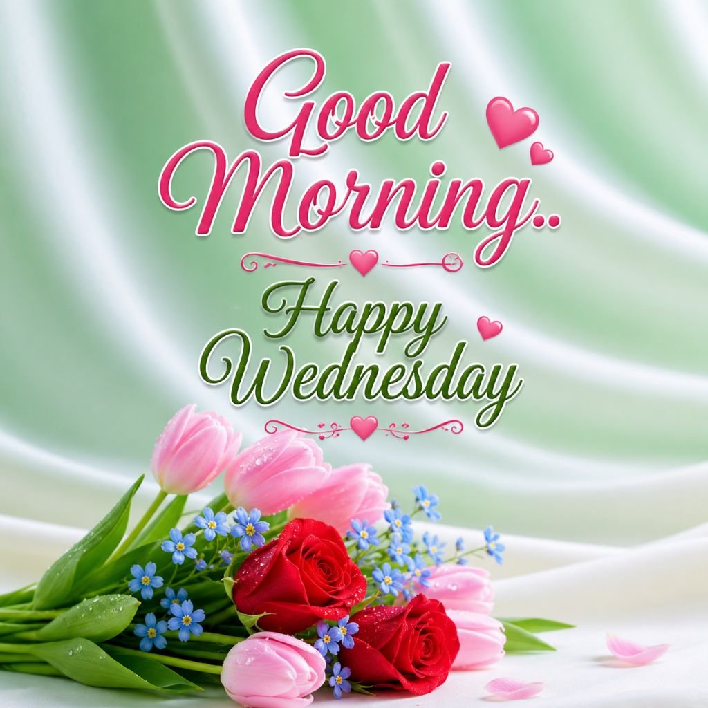 elegant good morning happy Wednesday roses and tulips greeting image