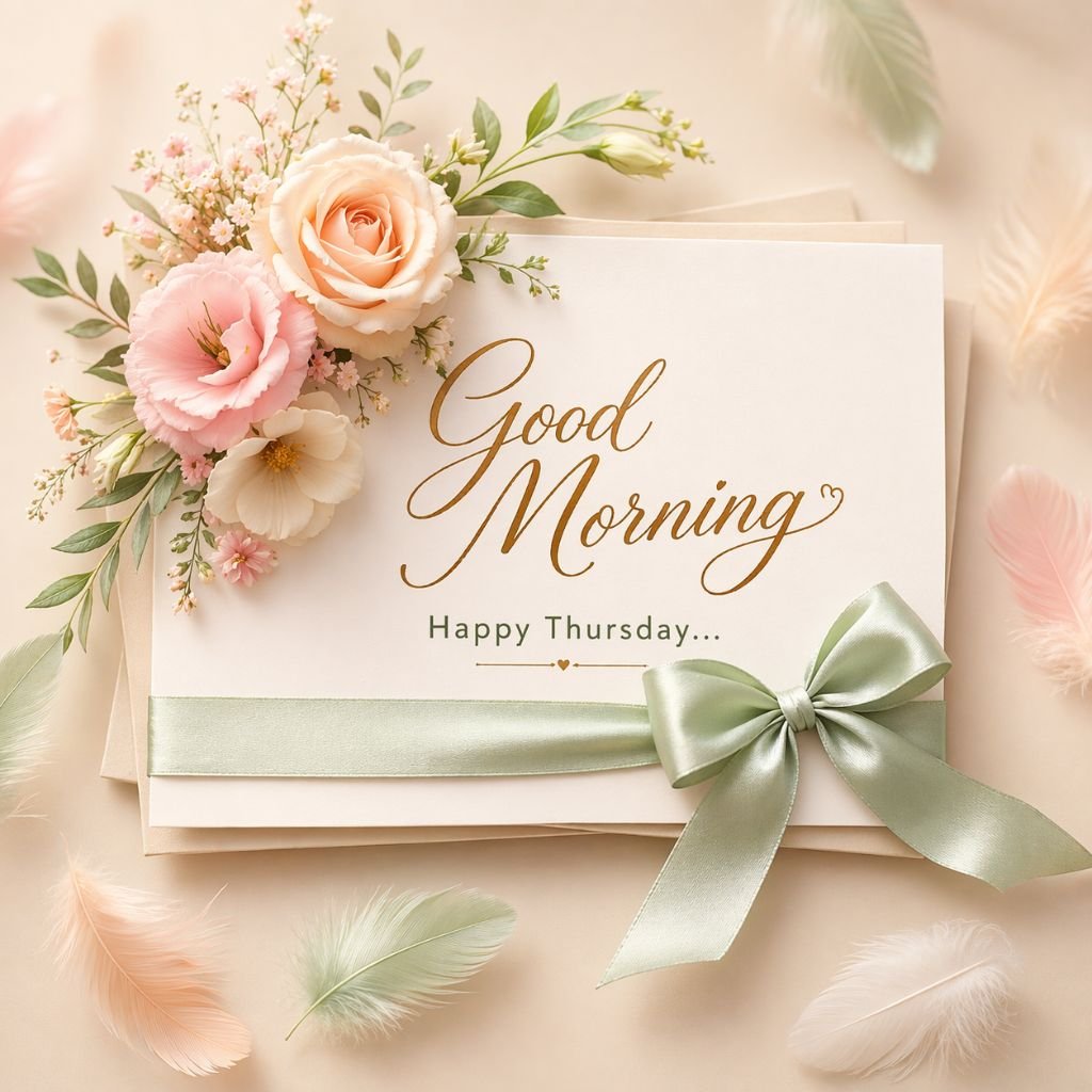 elegant good morning happy thursday Floral card with ribbon