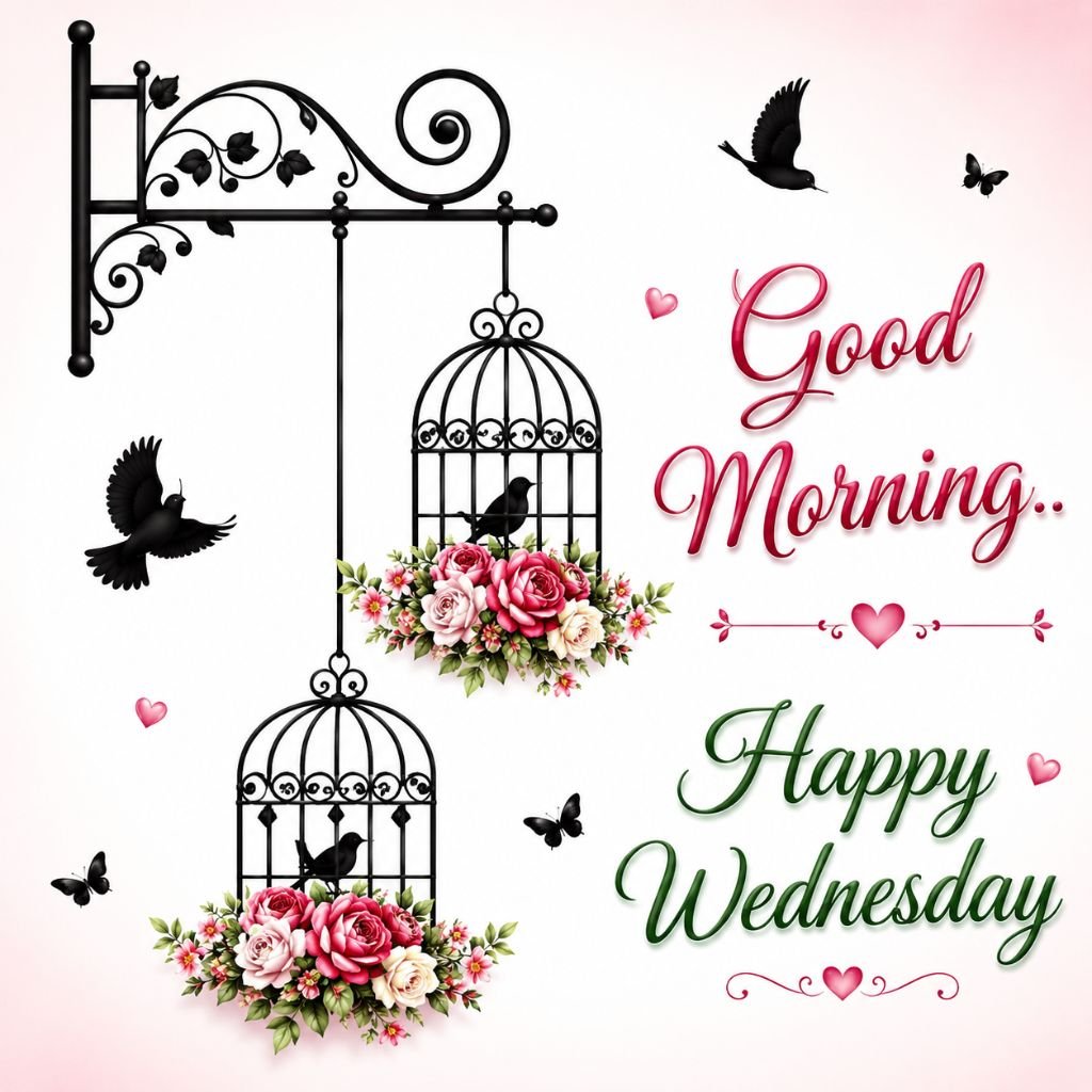 elegant good morning happy wednesday bird cage floral greeting image