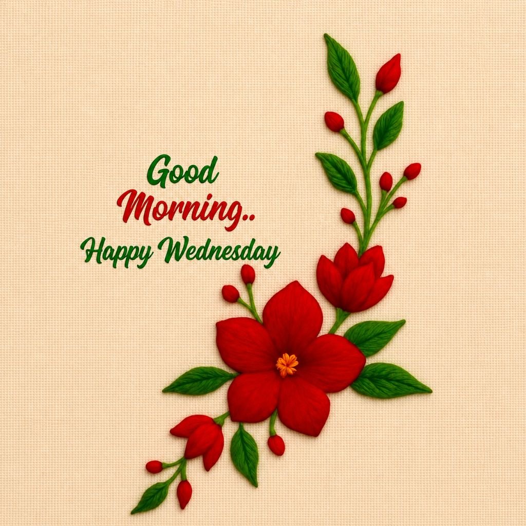 elegant red floral good morning happy Wednesday greeting image