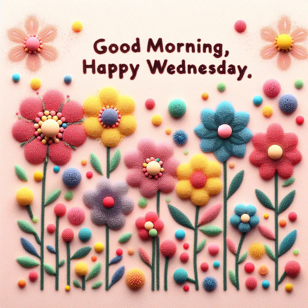 30+ Good Wednesday Morning Blessings Images for Free Download 15 Vibrant sand art featuring multicolored flowers and greenery with the text “Good Morning, Happy Wednesday” on a soft background.
