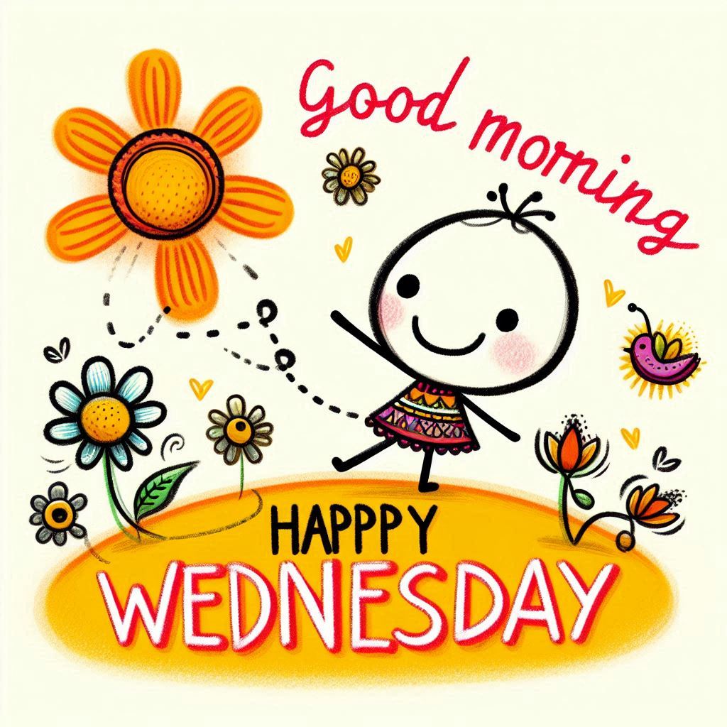 30+ Good Wednesday Morning Blessings Images for Free Download 27 Cute stick figure girl dancing with flowers under a big sun, surrounded by colorful blooms and “Happy Wednesday Good Morning” text.