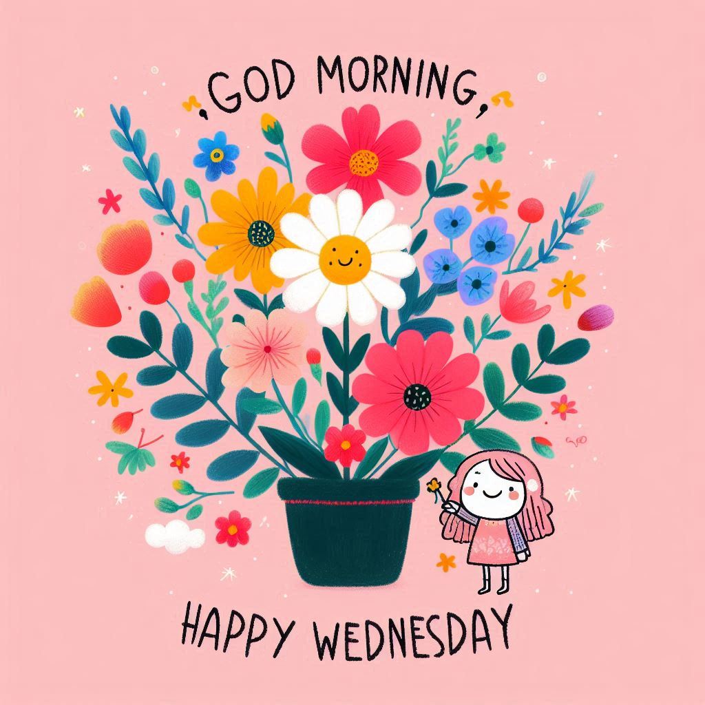 30+ Good Wednesday Morning Blessings Images for Free Download 8 Cute illustration of a smiling flower bouquet in a vase with a girl, saying “God Morning, Happy Wednesday” on pink background.