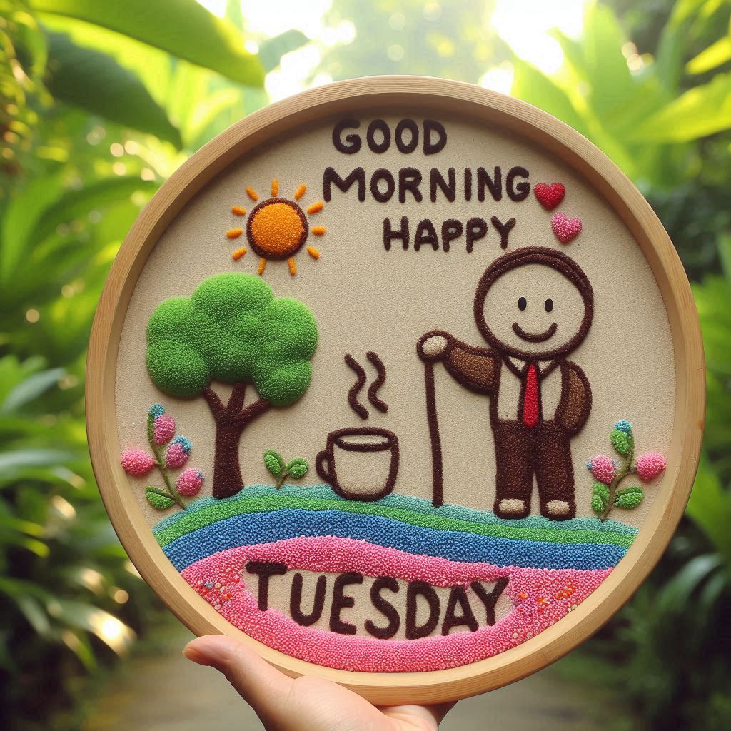 30+ Good Morning Happy Tuesday Images for Free Download 29 Round frame with cheerful foam art of a smiling man, tree, coffee, and “Good Morning Happy Tuesday” text.