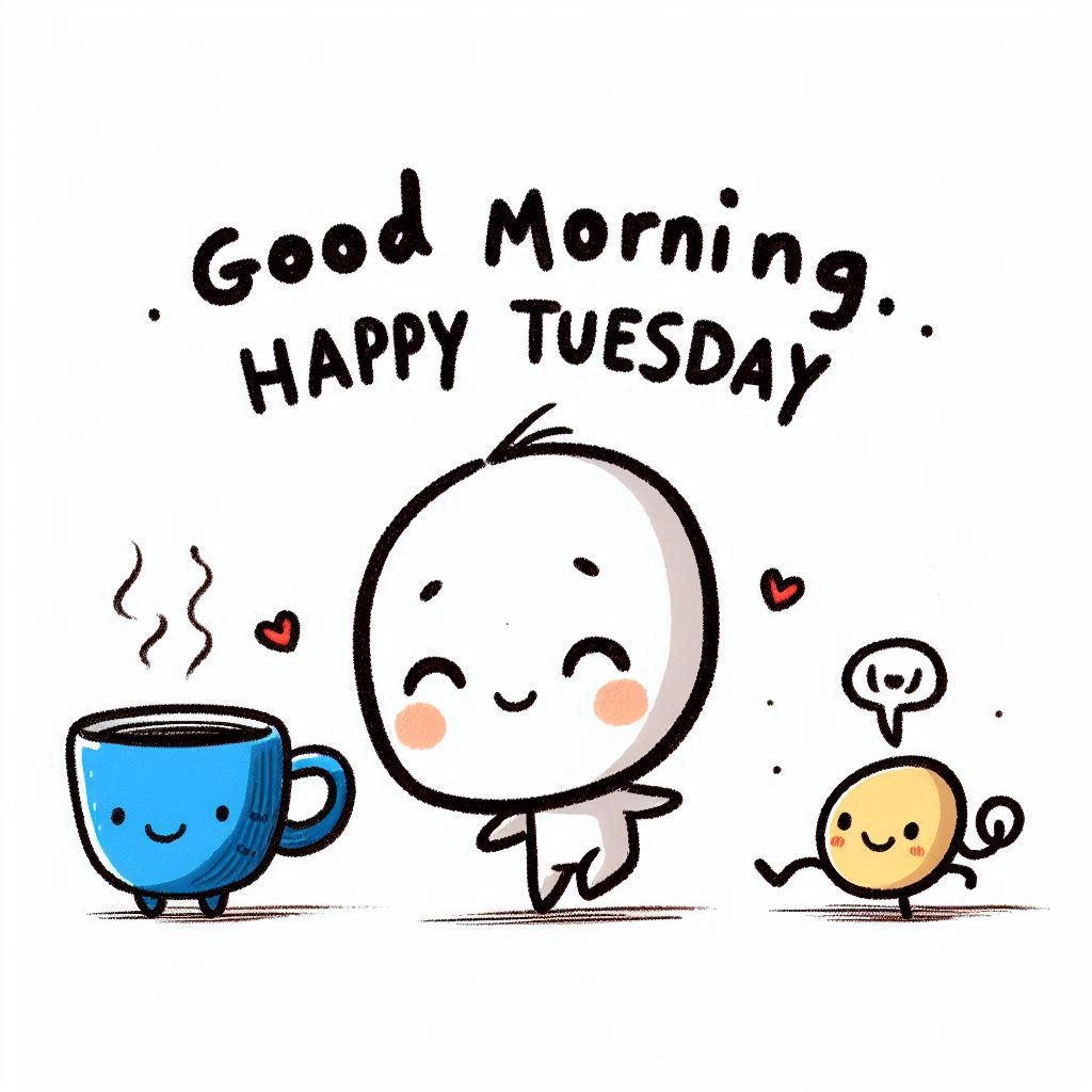 30+ Good Morning Happy Tuesday Images for Free Download 12 Adorable cartoon characters smiling with a blue coffee cup, saying "Good Morning, Happy Tuesday" with hearts and happy vibes.