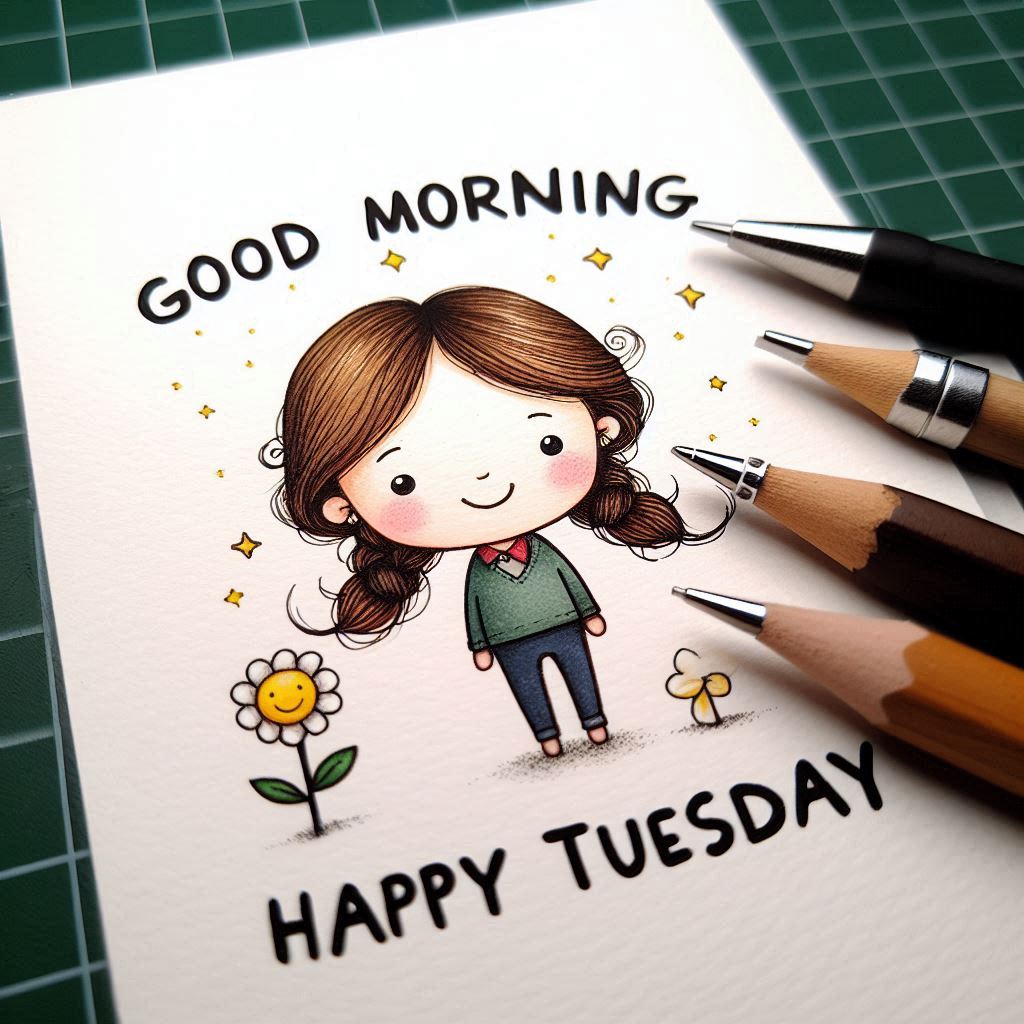 30+ Good Morning Happy Tuesday Images for Free Download 24 Hand-drawn card features a smiling girl, cheerful daisies, and “Good Morning Happy Tuesday” text, with pencils beside artwork.