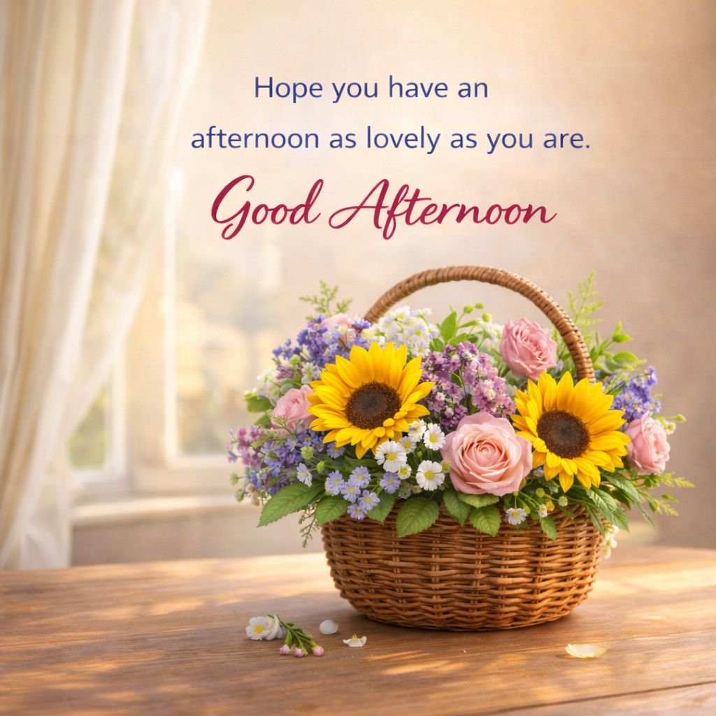 good afternoon greeting with sunflowers and roses basket