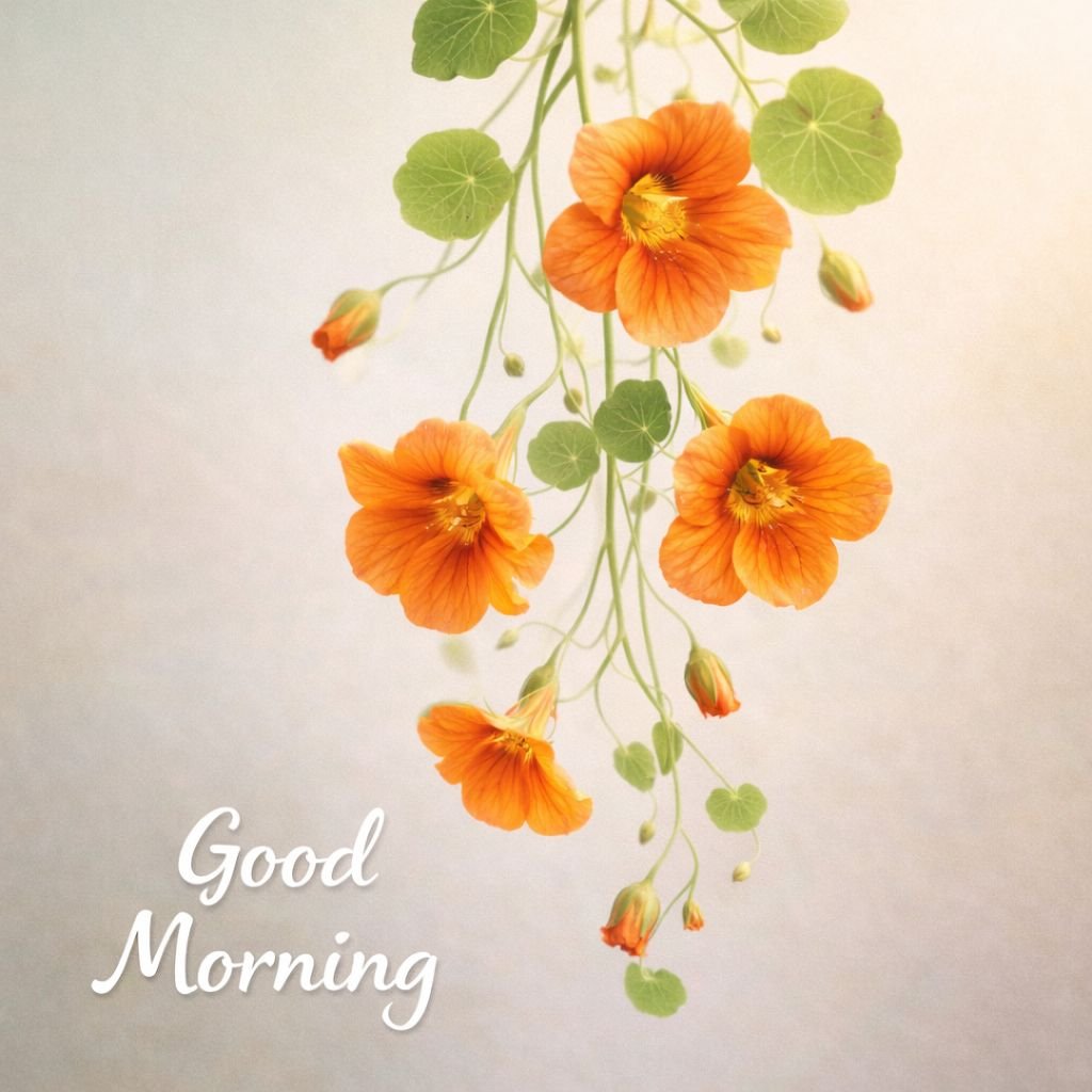 good morning greeting with orange nasturtium flowers