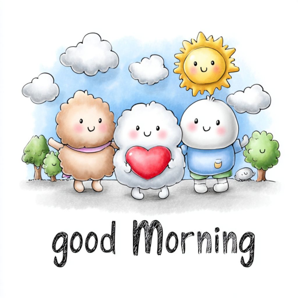 Cute cartoon-style illustration of three happy cloud-like characters standing together under a smiling sun with the text "good Morning" written below
