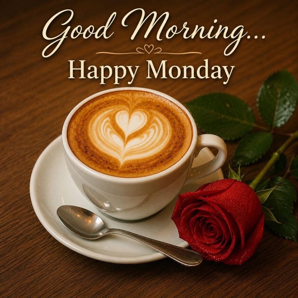 good morning happy Monday coffee and red rose image