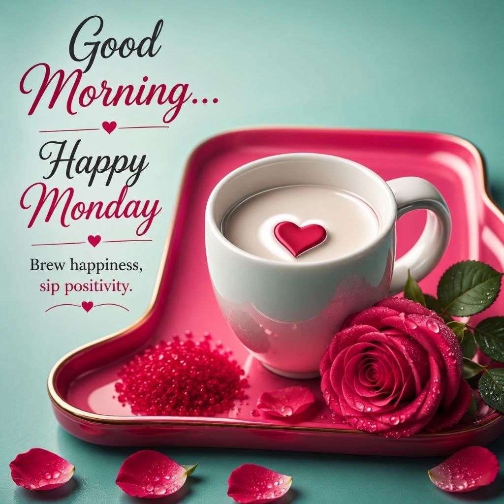 good morning happy Monday coffee and rose image