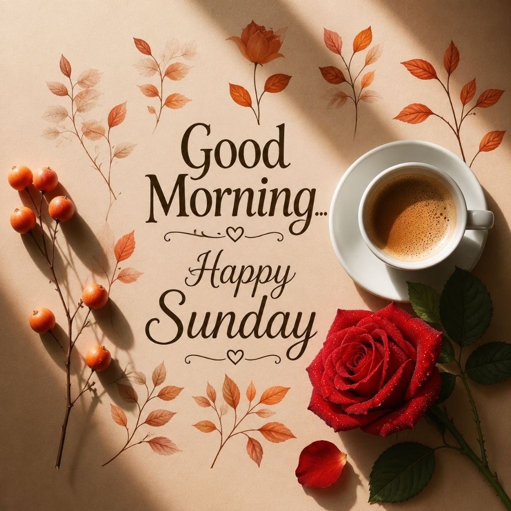 good morning happy Sunday coffee and red rose image
