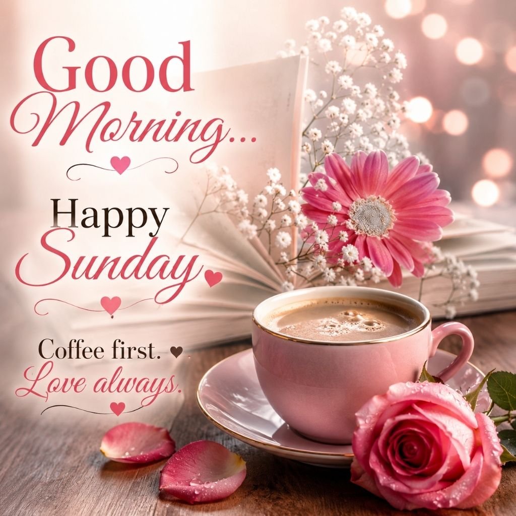 good morning happy Sunday coffee flowers image