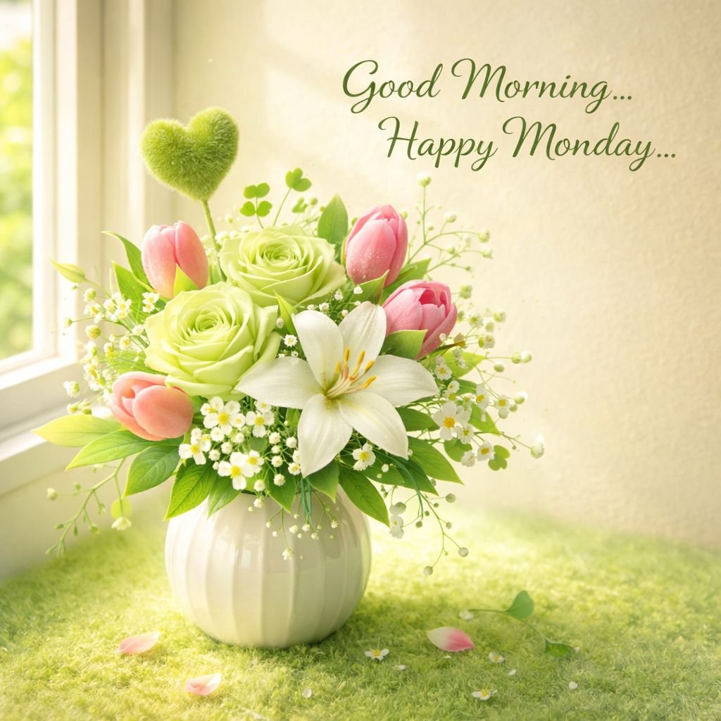 good morning happy monday floral bouquet image with roses