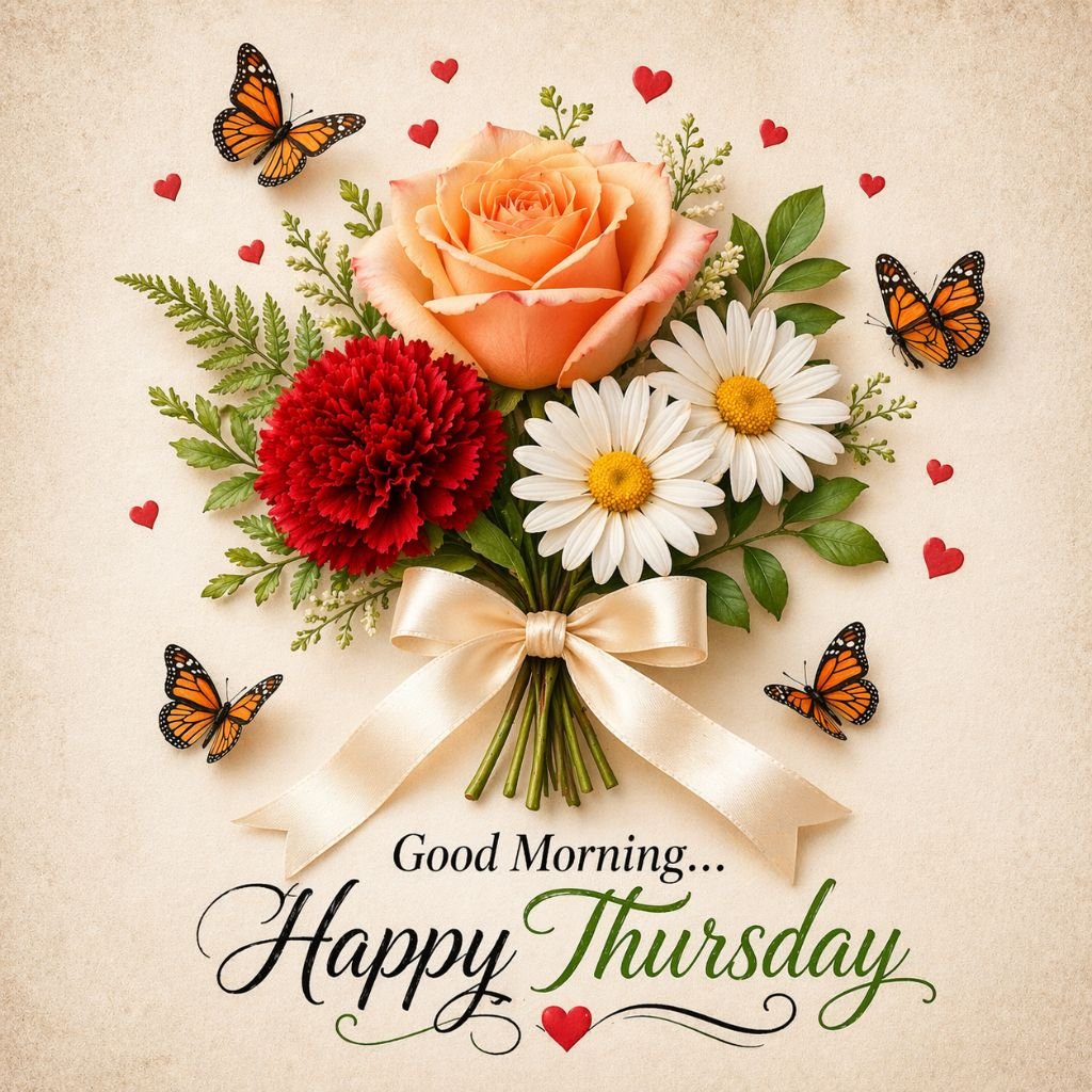 good morning happy thursday flower bouquet with butterflies