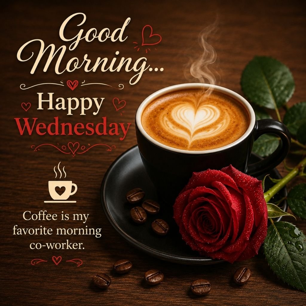 good morning happy wednesday coffee and rose image