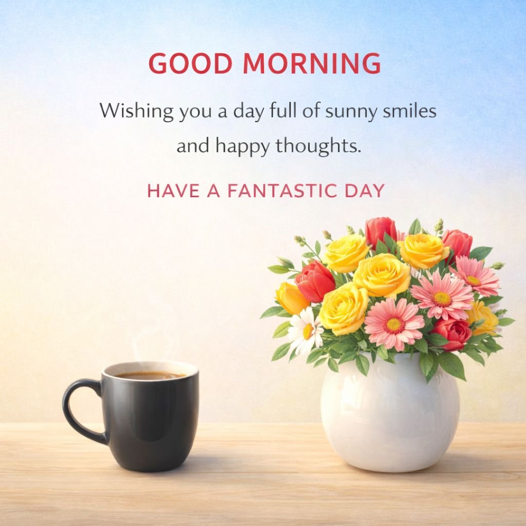 good morning inspirational quote with coffee cup and colorful flower bouquet