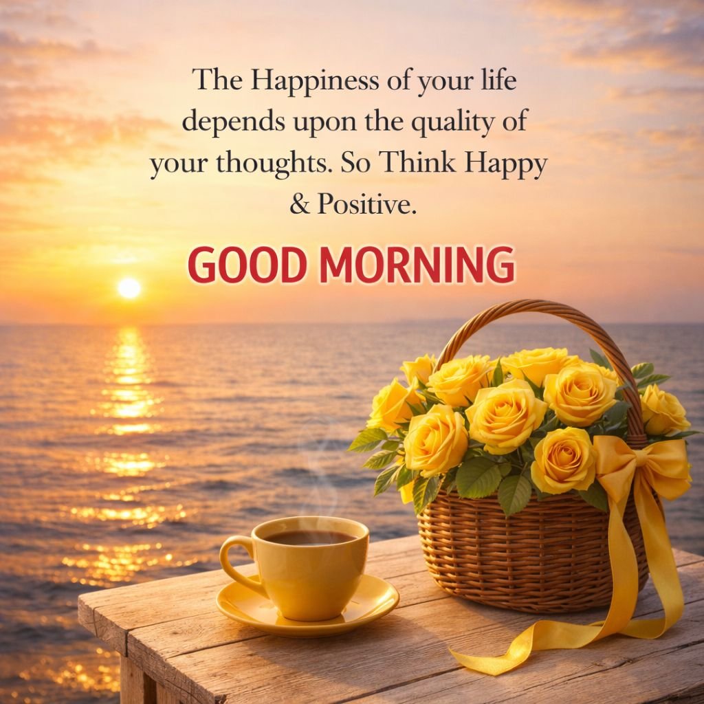 good morning inspirational quote with sunrise, coffee, and yellow roses basket