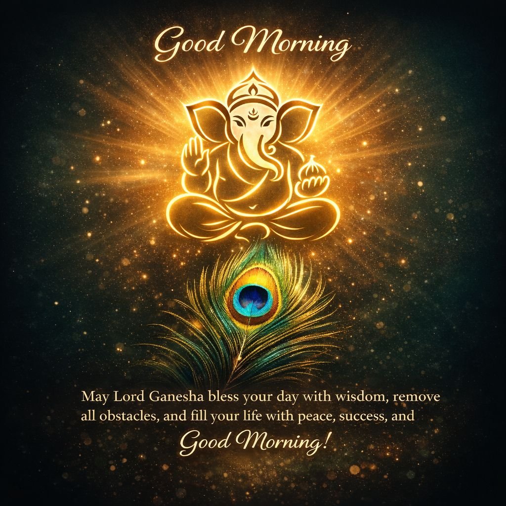 good morning lord ganesha blessings with peacock feather