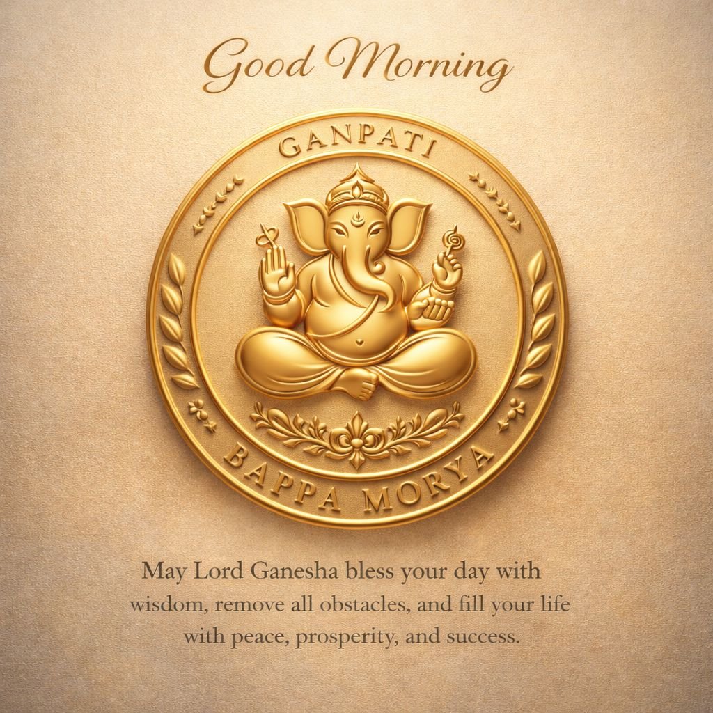 good morning lord ganesha gold emblem blessings image