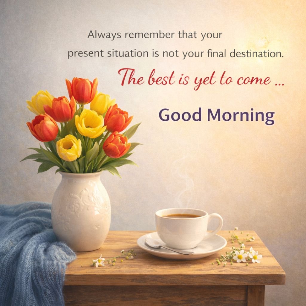 good morning motivational quote with tulips