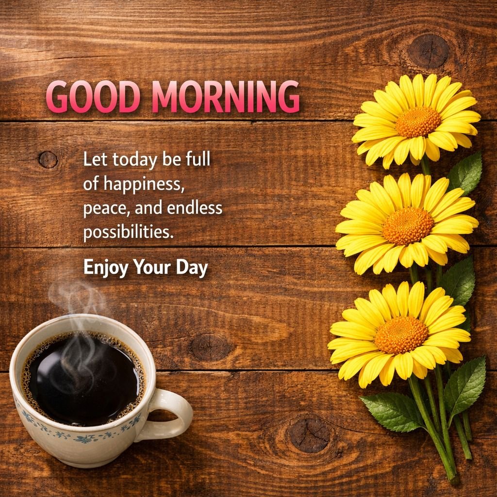 good morning quote with coffee and yellow flowers on wooden background