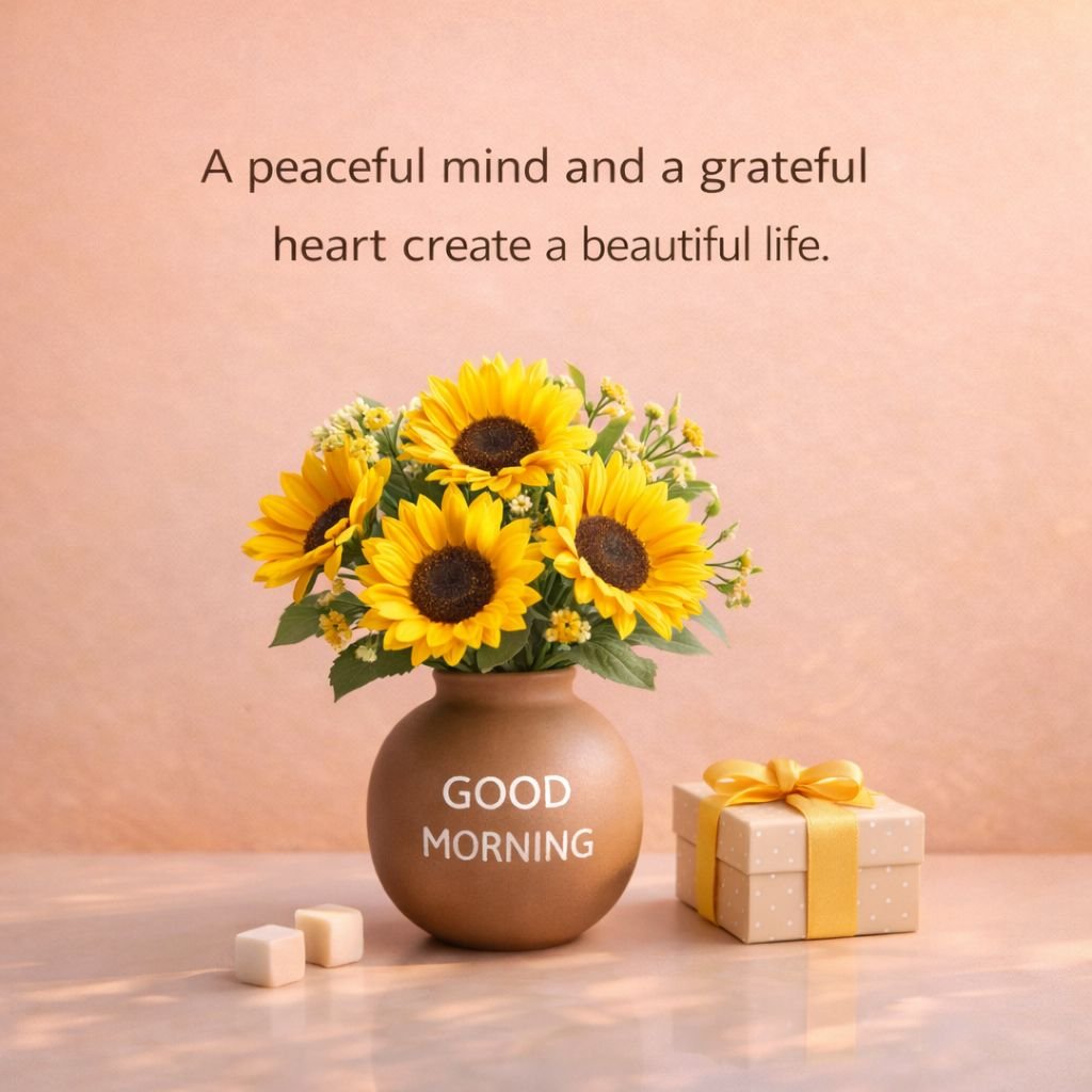 good morning quote with sunflowers and gift box