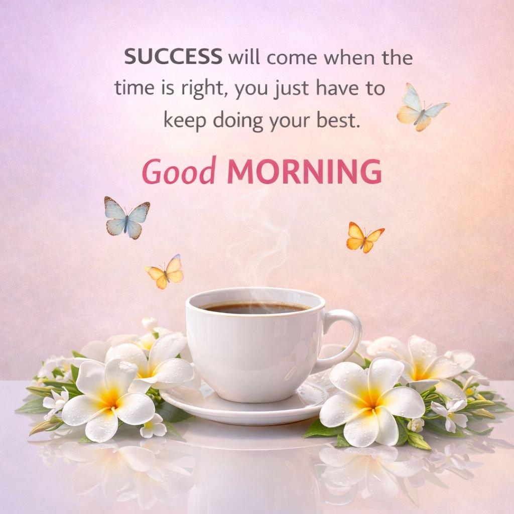 good morning success quote with coffee cup and butterflies
