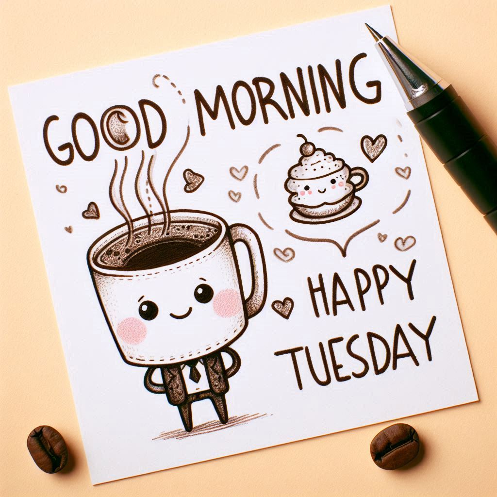 30+ Good Morning Happy Tuesday Images for Free Download 11 Cute cartoon coffee cup with smiling face and suit, saying "Good Morning, Happy Tuesday" with hearts and cupcake drawing.