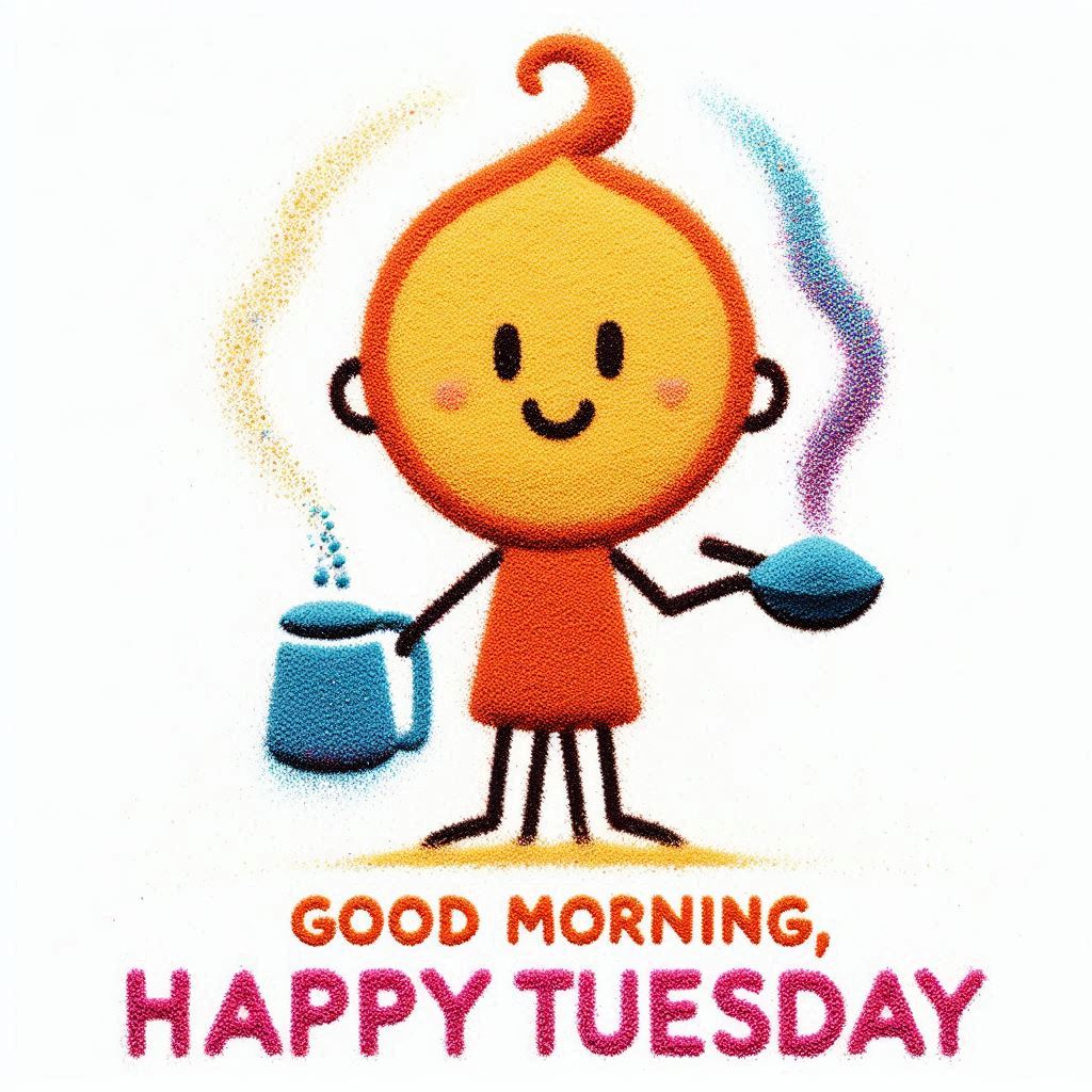 30+ Good Morning Happy Tuesday Images for Free Download 13 Smiling cartoon stick figure holding coffee pot and cup, with colorful steam and text saying "Good Morning, Happy Tuesday" below.