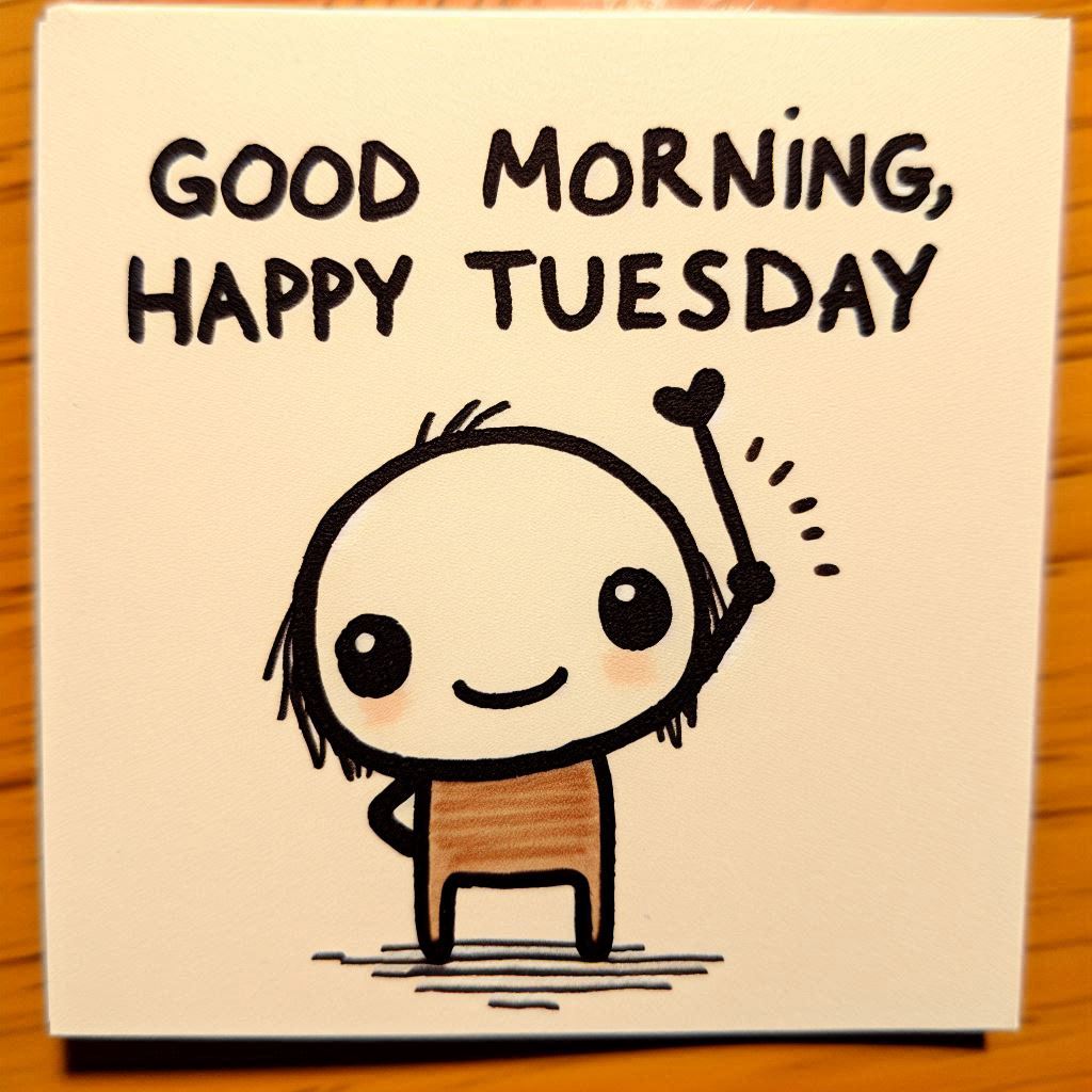 30+ Good Morning Happy Tuesday Images for Free Download 9 Cute stick figure holding heart wand with smile, under bold text "Good Morning, Happy Tuesday" on white background.