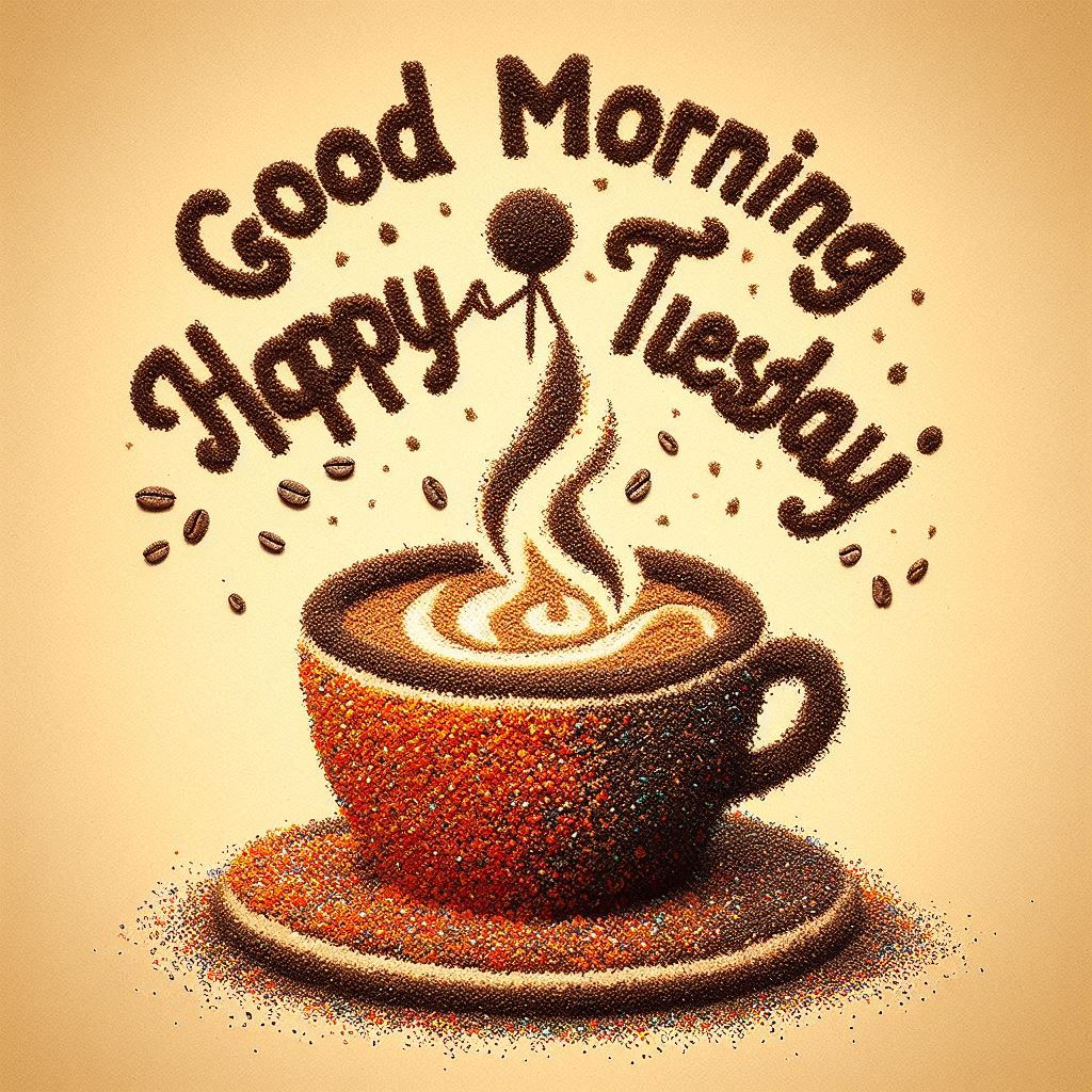 30+ Good Morning Happy Tuesday Images for Free Download 8 Creative sand art of coffee cup with steam, coffee beans, and stick figure. Text says “Good Morning Happy Tuesday.”