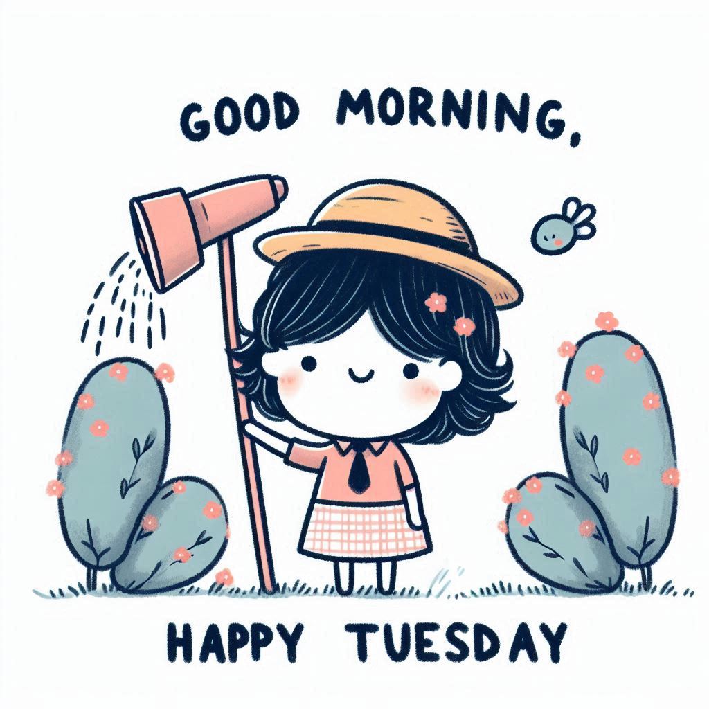 30+ Good Morning Happy Tuesday Images for Free Download 18 Cute cartoon girl in a hat holding a watering can, surrounded by plants, with “Good Morning, Happy Tuesday” text.