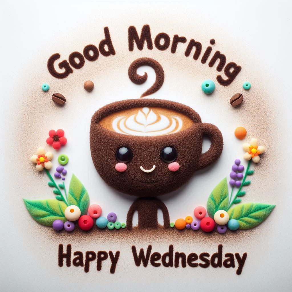 30+ Good Wednesday Morning Blessings Images for Free Download 4 Cute smiling coffee cup with latte art, surrounded by colorful flowers and text reading “Good Morning Happy Wednesday” on white background.
