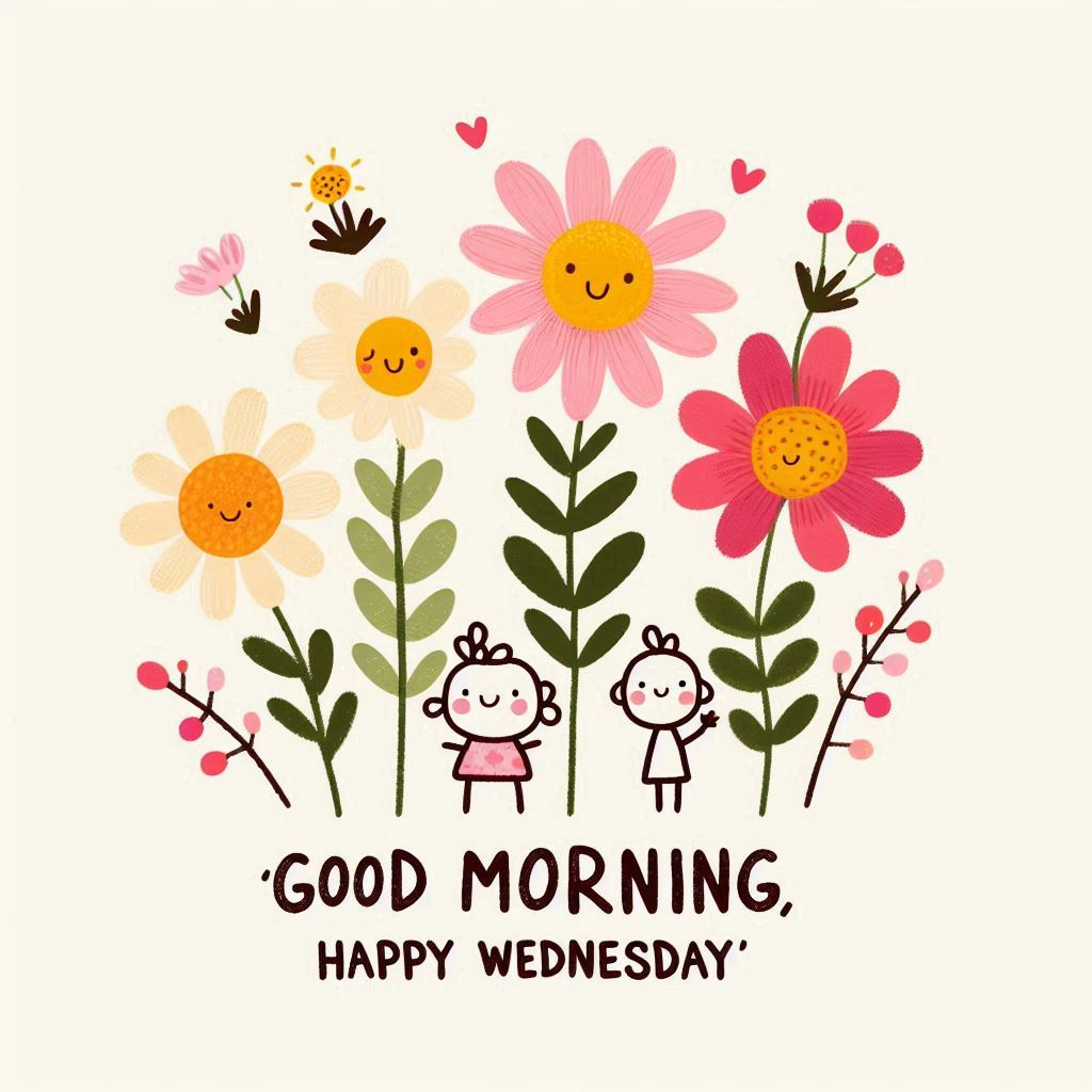 30+ Good Wednesday Morning Blessings Images for Free Download 5 Cute floral illustration with smiling flowers and happy children, featuring the message “Good Morning, Happy Wednesday” on a light background.