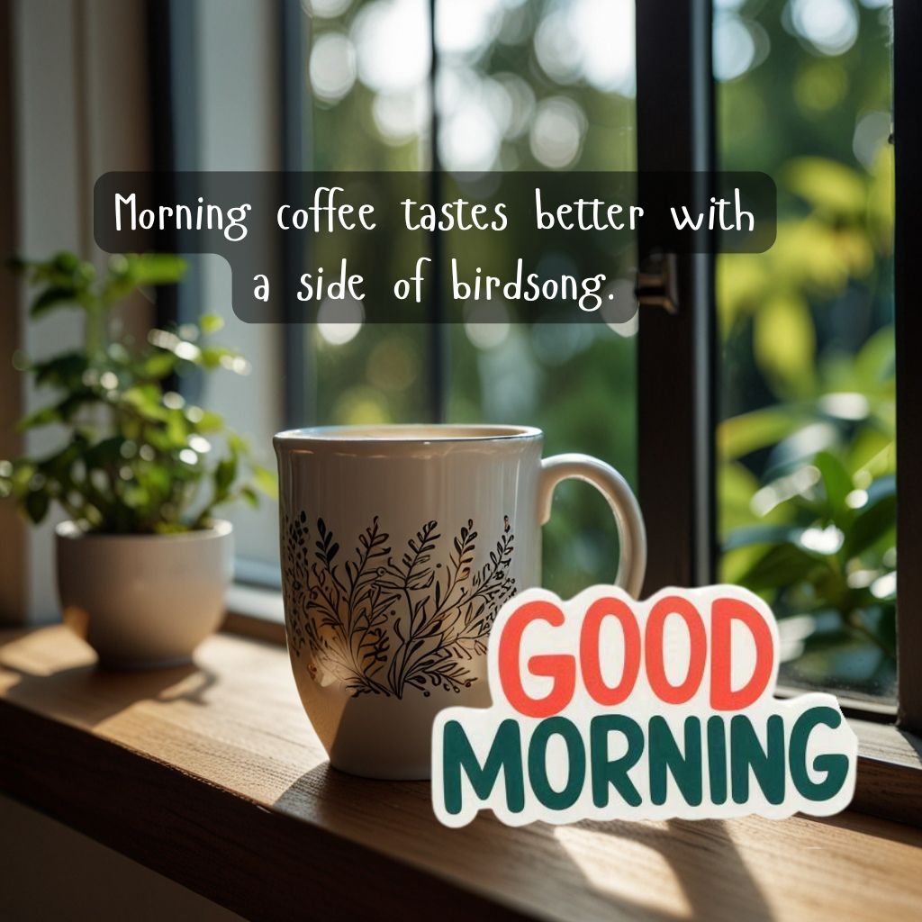 Nature Good Morning Quotes with Images to Boost Your Mood All Day 17 Mug on a windowsill with a garden view.
