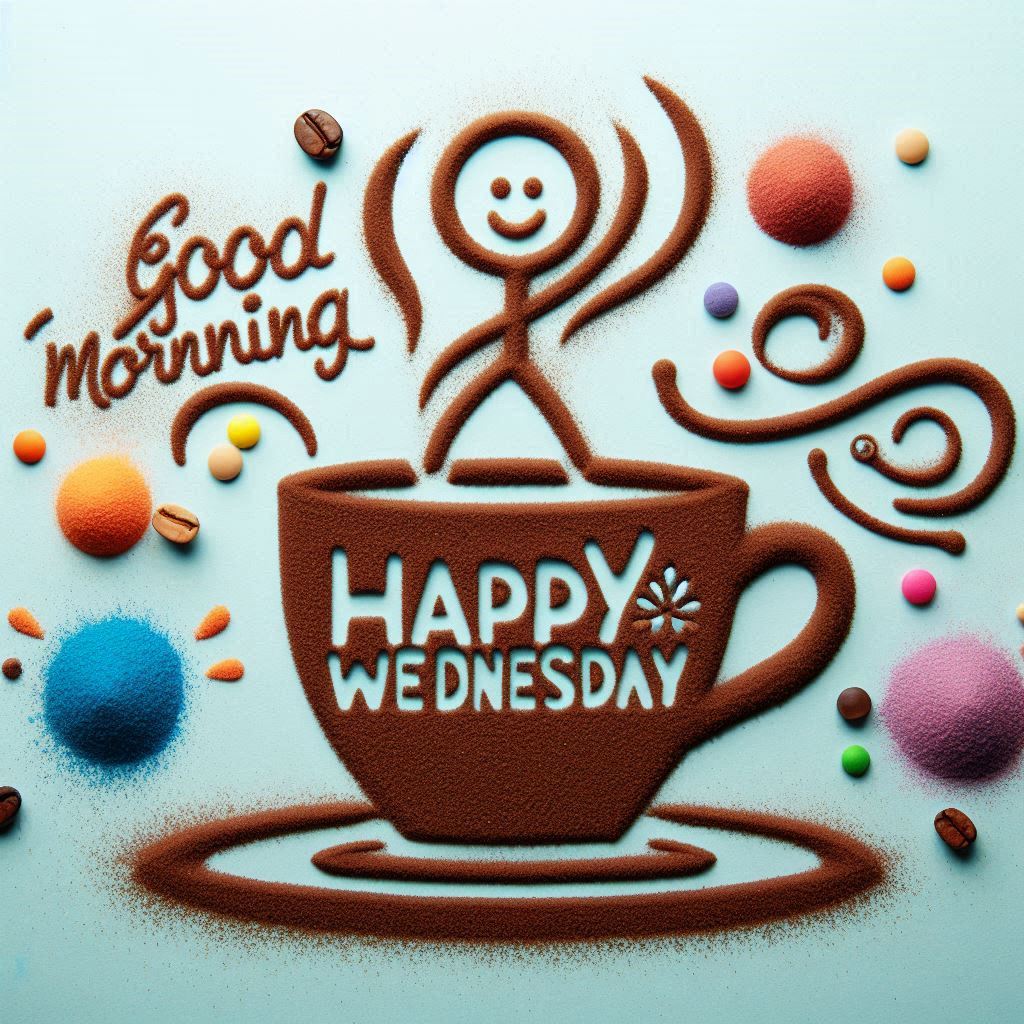 30+ Good Wednesday Morning Blessings Images for Free Download 1 Artistic coffee powder design with “Good Morning” and “Happy Wednesday” message, colorful decorations, and a joyful stick figure