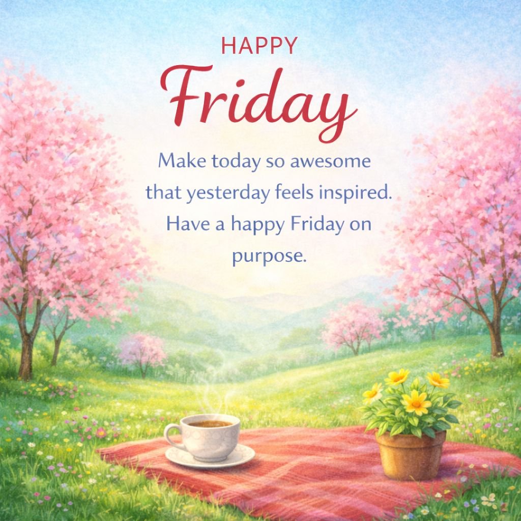 happy friday inspirational quote with spring blossom landscape and coffee scene