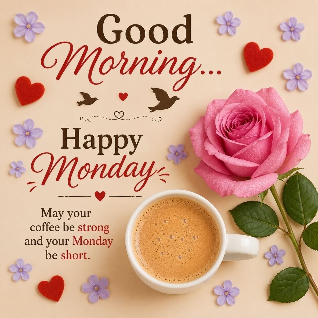 happy monday coffee and pink rose image