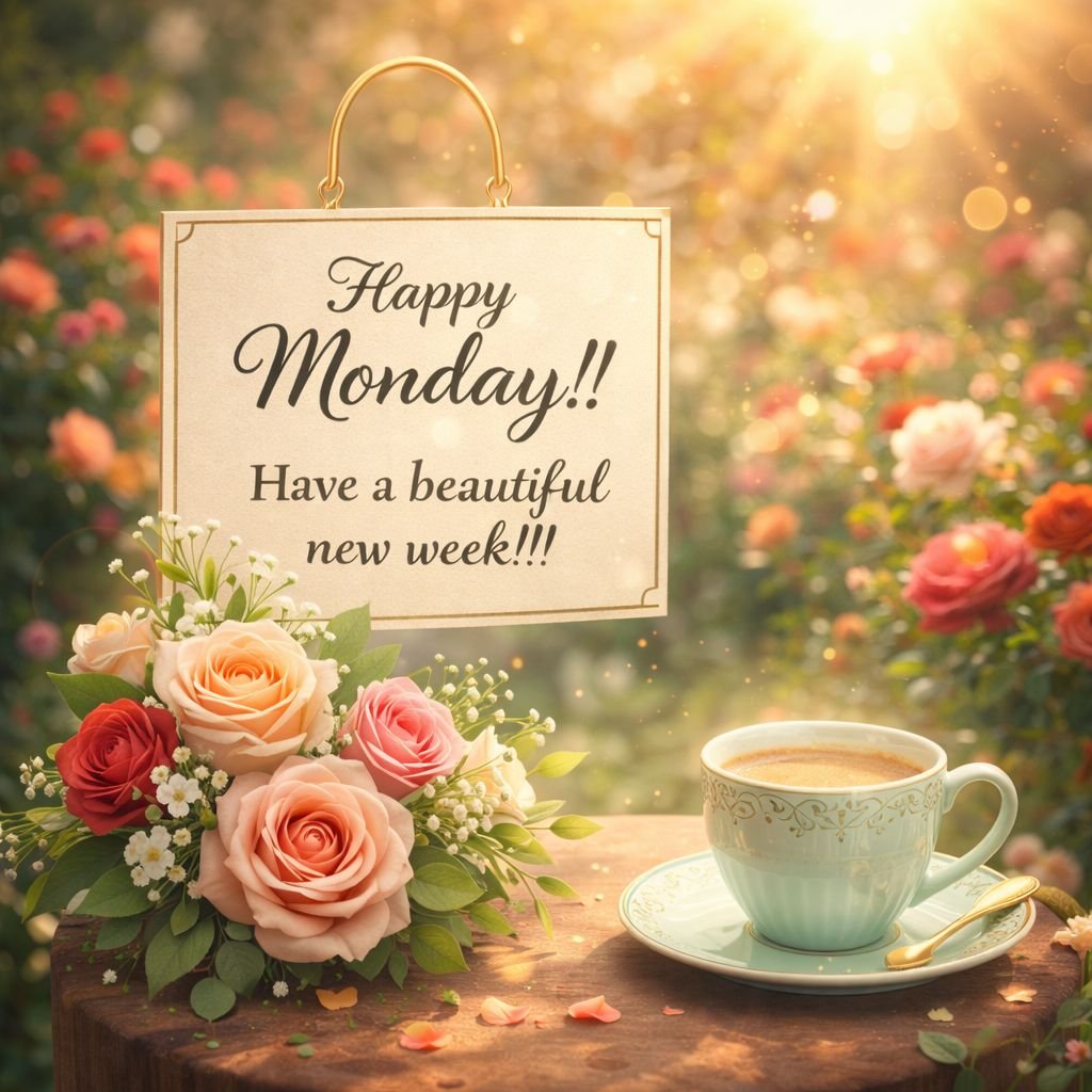 happy monday coffee and roses garden greeting image