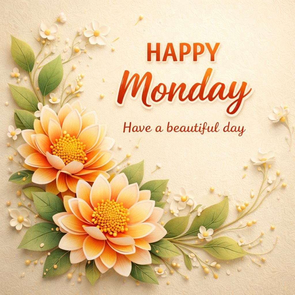 happy monday floral greeting image with inspirational quote