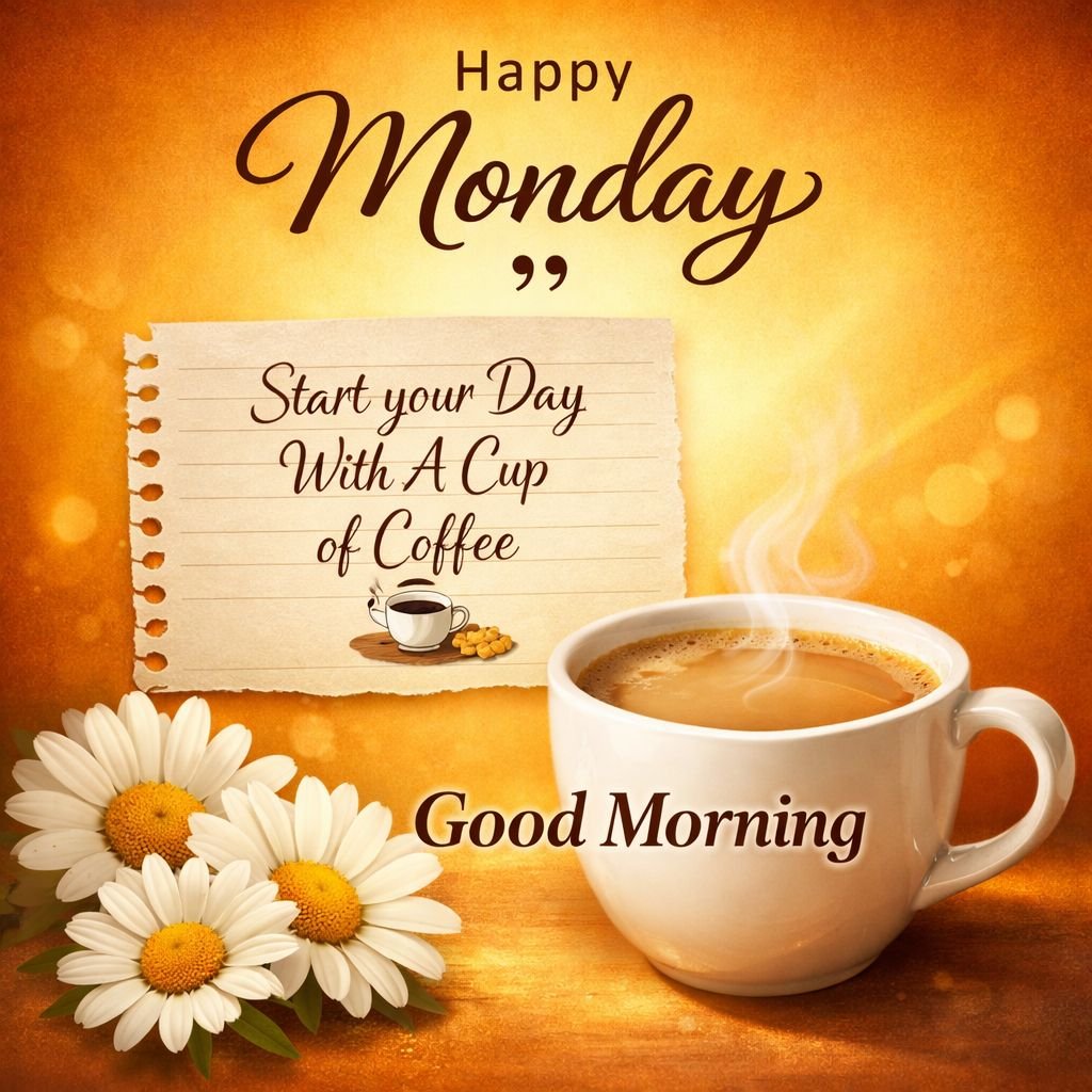 happy monday good morning coffee image with inspirational quote and flowers